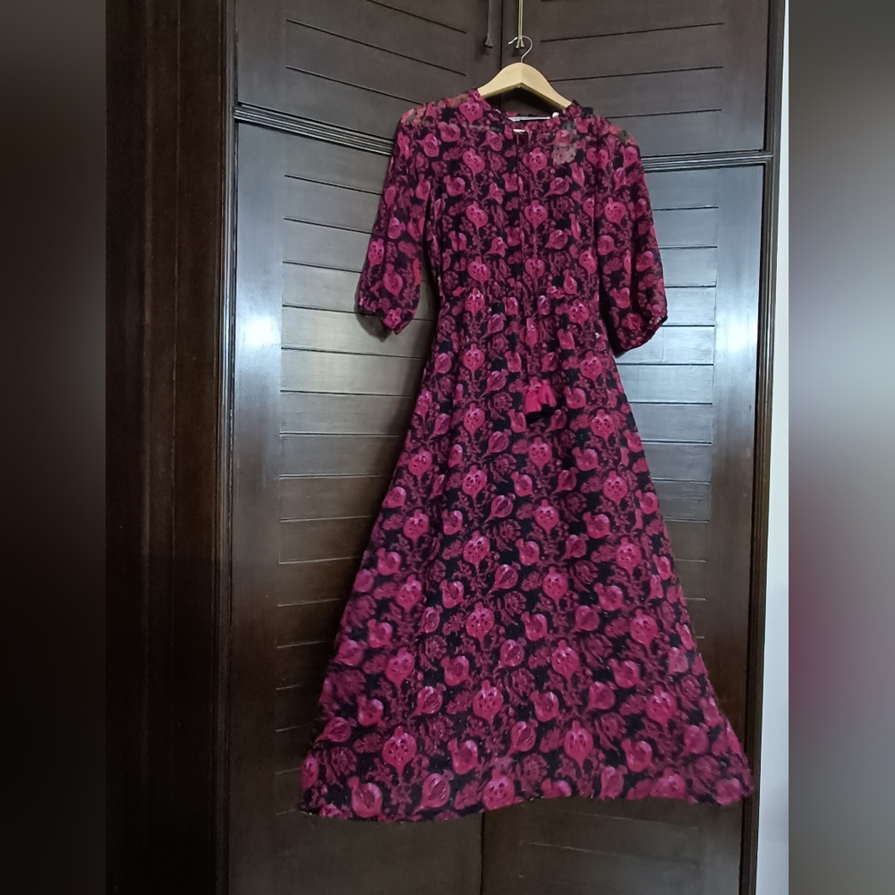 Melange Black & Red Floral Print A-Line Black Detachable Spaghetti Ethnic Dress - Picture 1 of 11